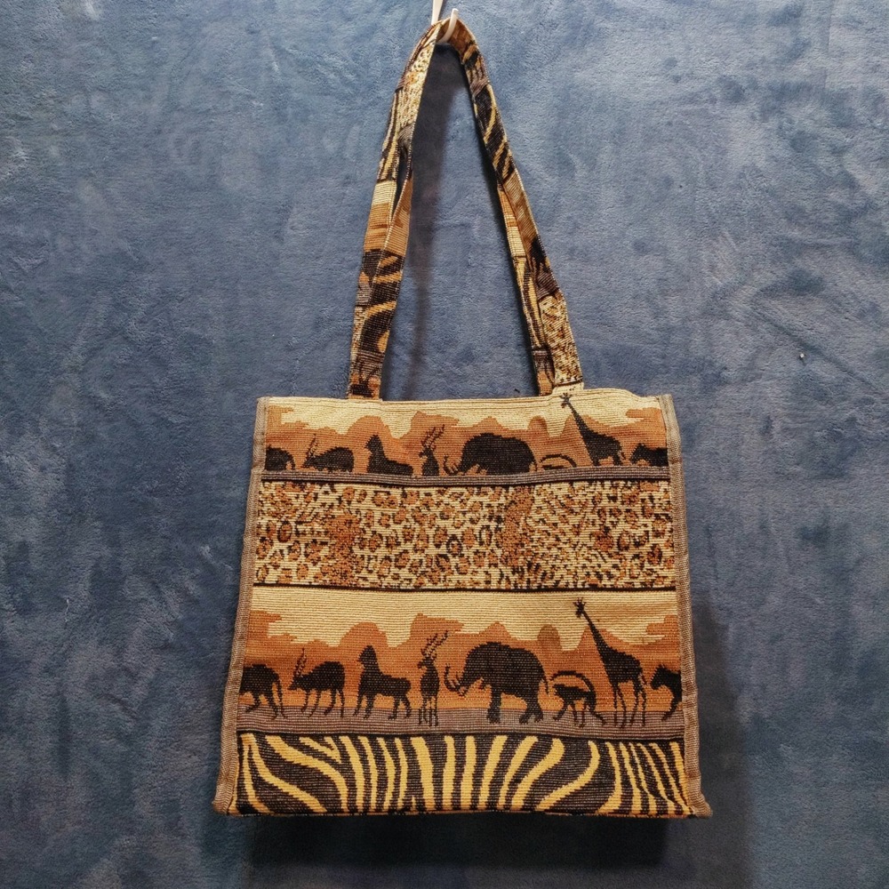 Vtg Jade Woven Tapestry Safari Tote Bag Elephant Giraffe Animal Print Lunch Bag